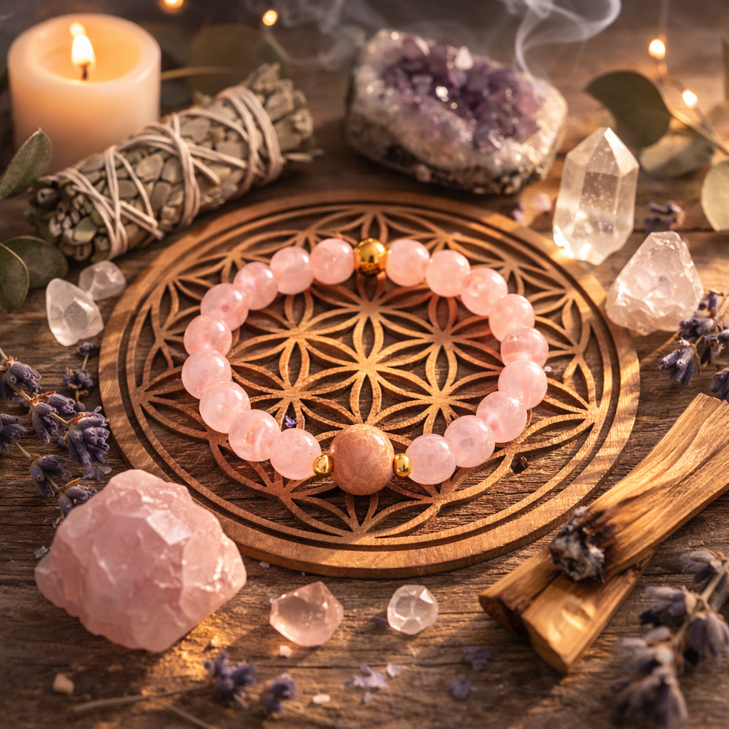 Bracelet Quartz Rose & Rhodonite pierre pour l'amour
