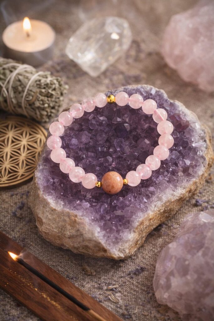 bracelet rhodonite quartz rose chakra du cœur lithotherapie amour apaisement emotions