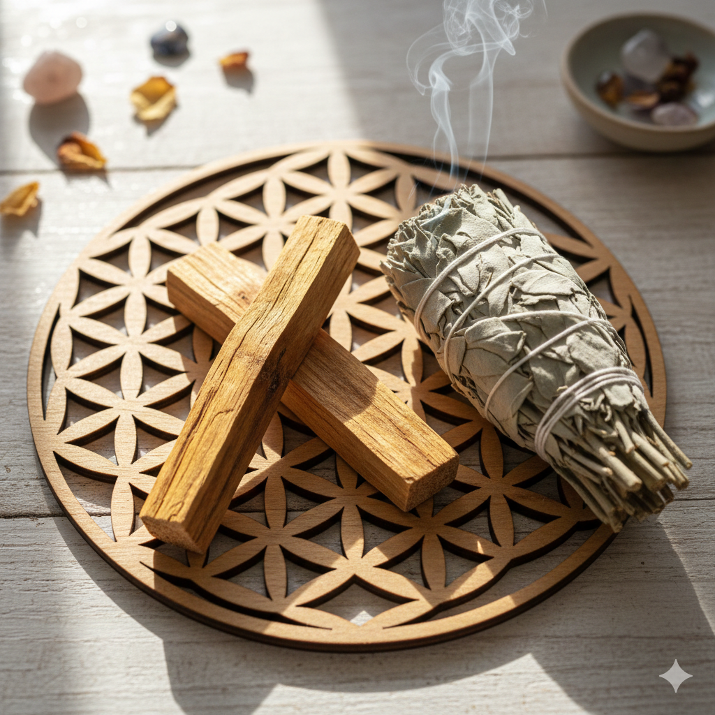 Pack de purification et rechargement pour purifier vos pierres naturelles avec sauge, palo santo et fleur de vie