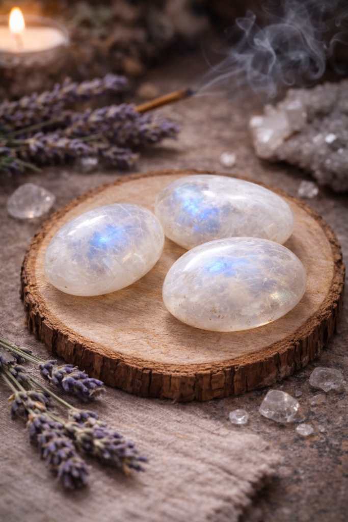 Pierre de lune pour le chakra sacré avec reflets bleus, pierre naturelle associée aux émotions et à l’énergie féminine