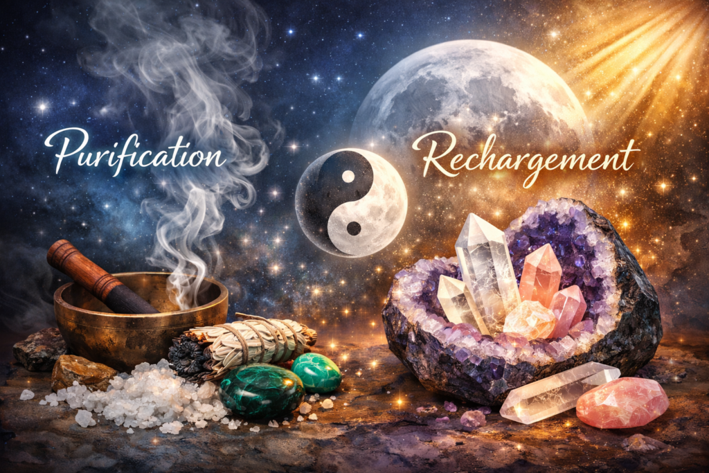 Purification et rechargement des pierres naturelles en lithothérapie avec fumée, cristaux et lumière de la lune