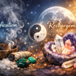 Illustration purification et rechargement des pierres naturelles lithothérapie lune cristaux fumigation